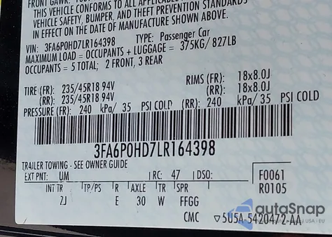 2020 Ford Fusion Se z USA, uszkodzony, nr VIN 3FA6P0HD7LR164398